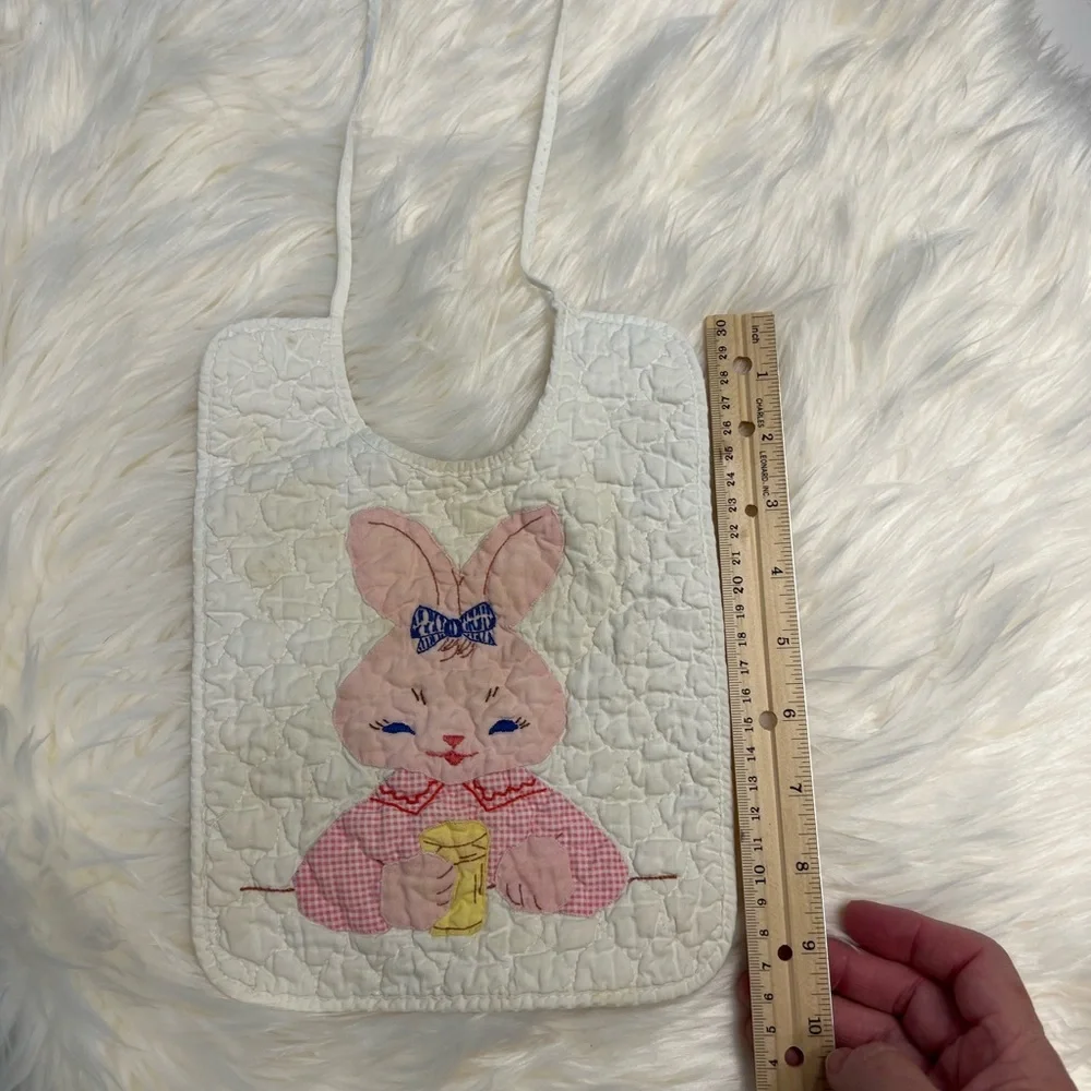 VTG Vintage 1960 Quilted Cotton Appliqué Baby Bib Pink Bunny Rabbit White